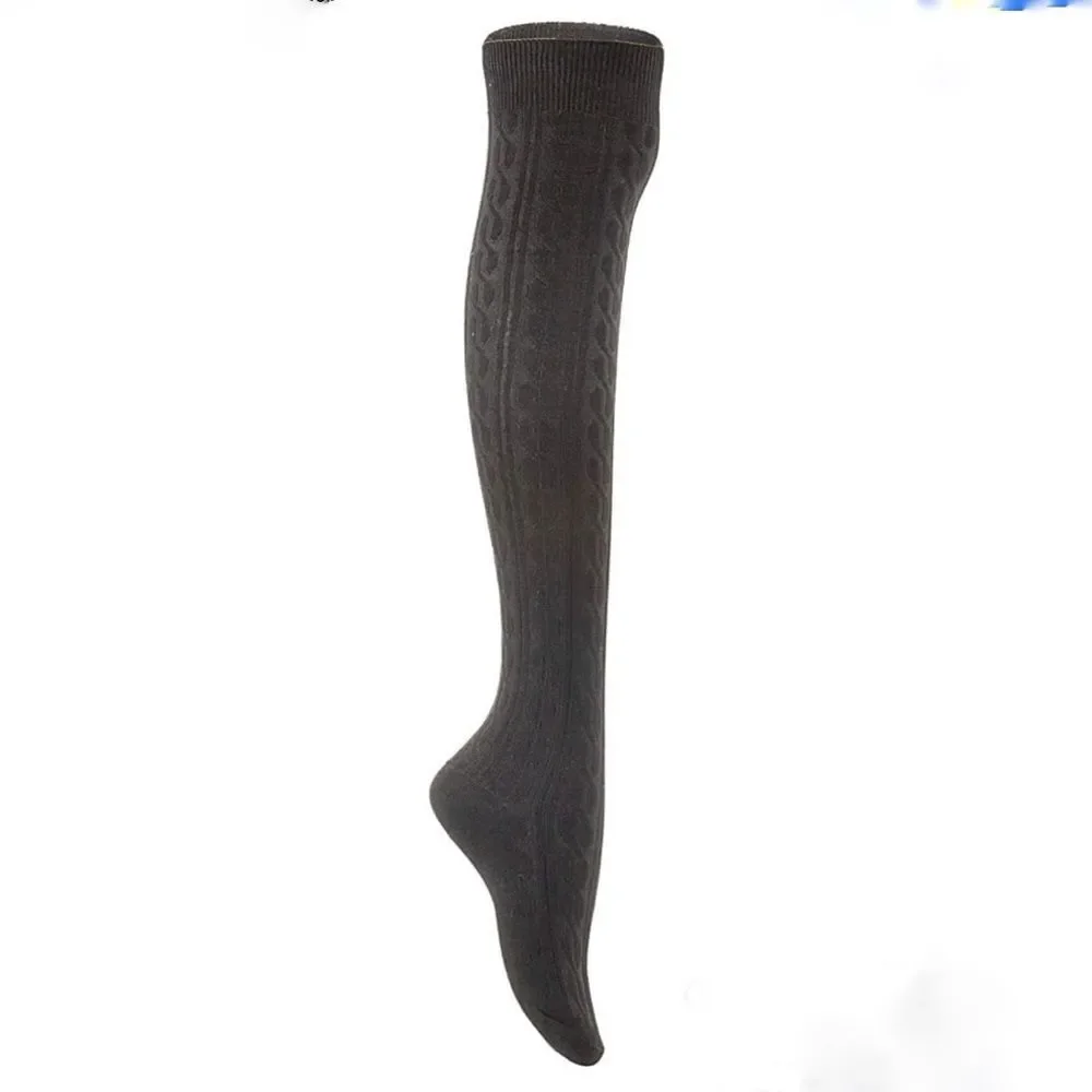 Lian Lifestyle Cable Knit Black Over Thigh High Knee Socks NWT